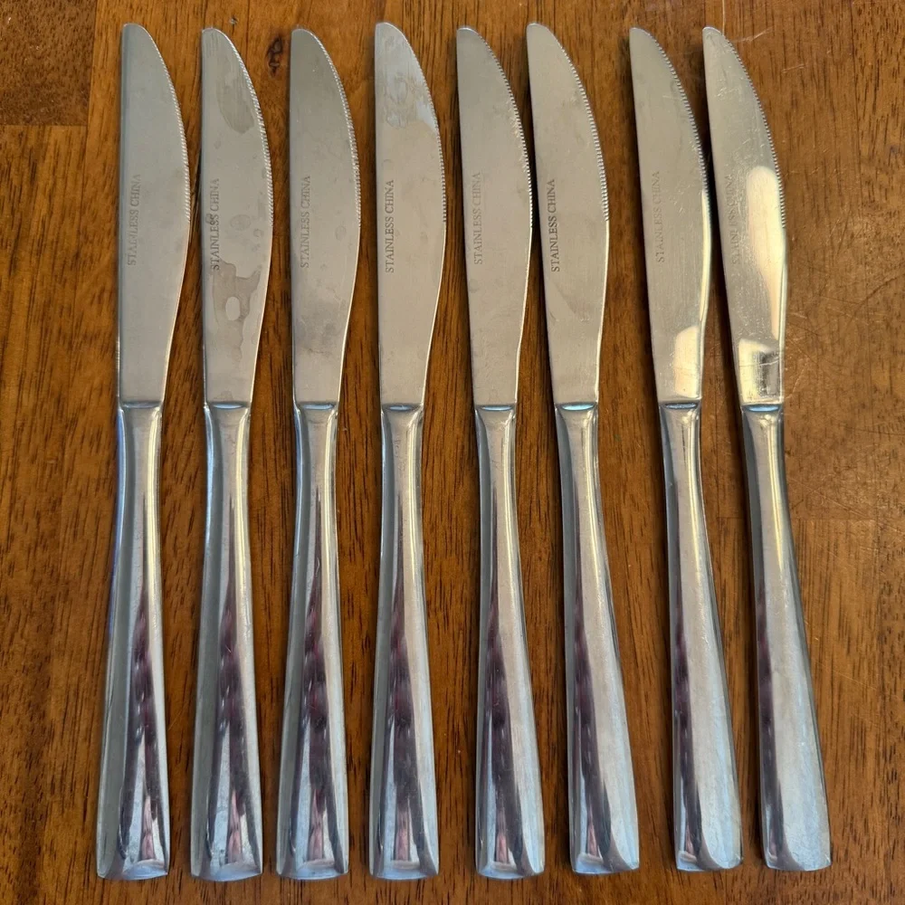 Lot Of 8 Stainless Steel Butter Knives Dinner Knife Solid Square Ends